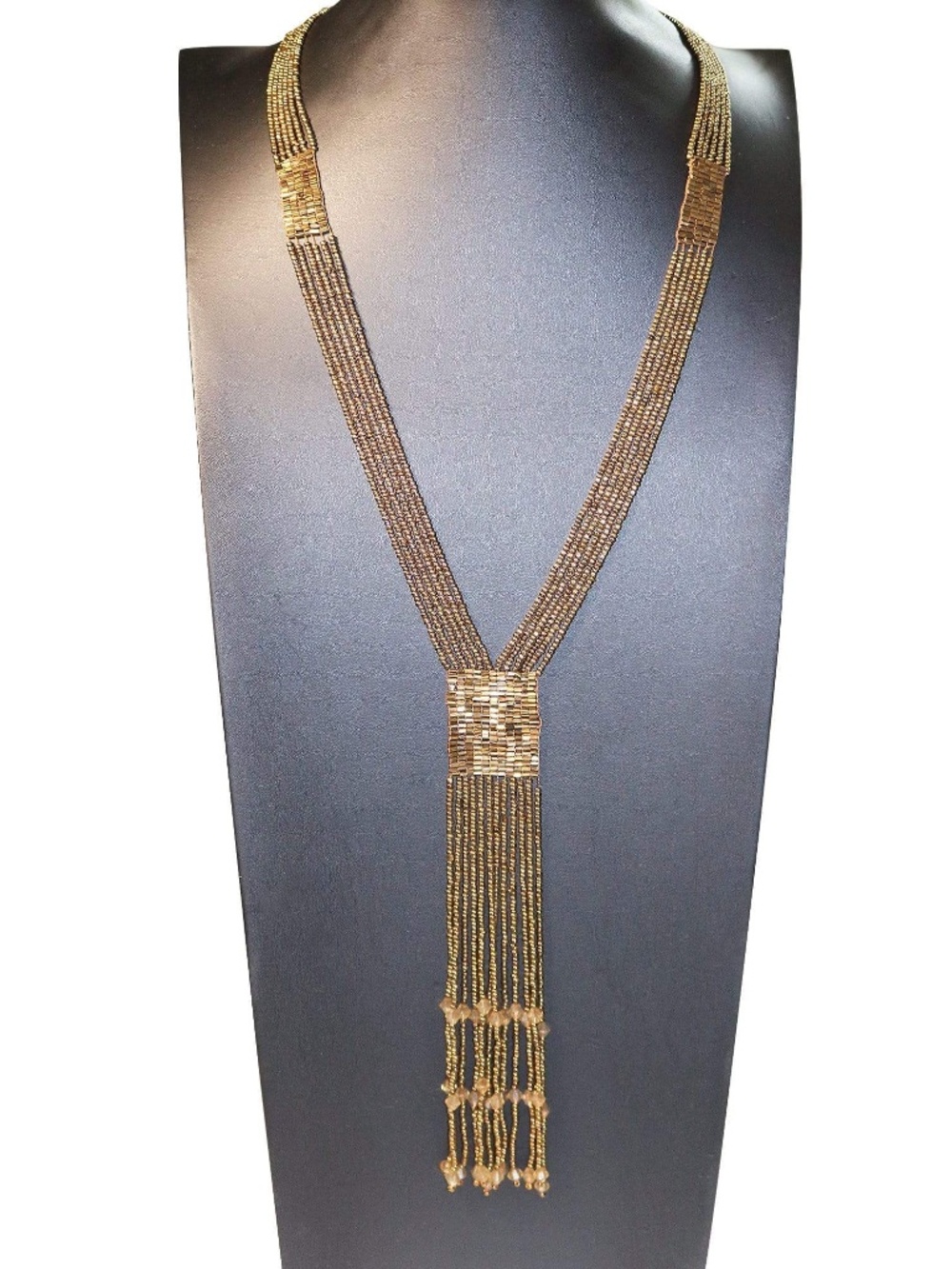 Womens Seed Bead Copper Brown Six Strand Infinity Necklace with Tassel